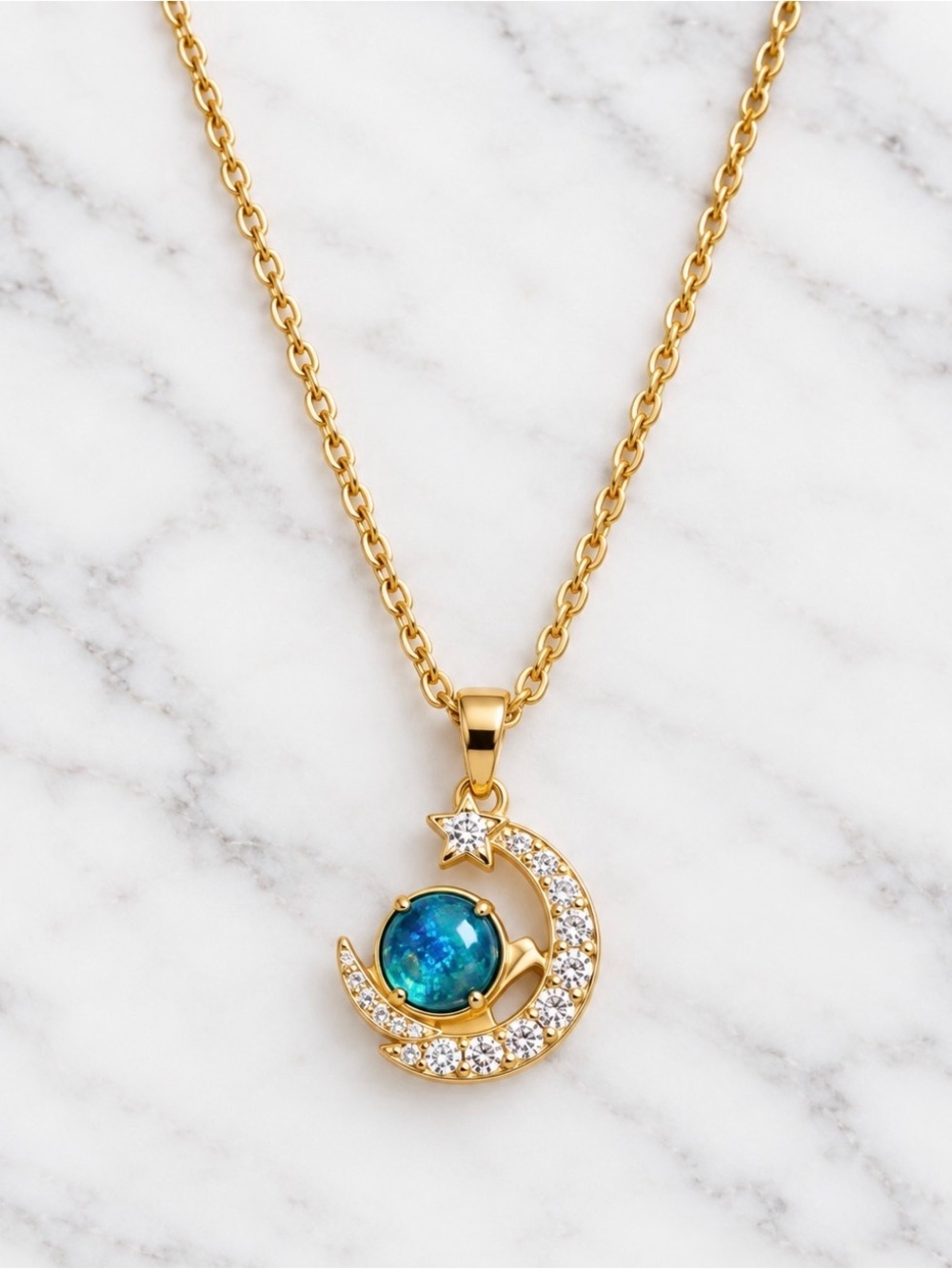 Gold-Plated Crescent Moon & Blue Opal Pendant Necklace - Women Jewelry